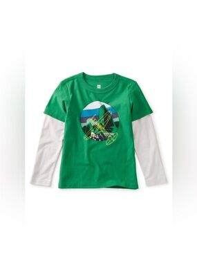 Tea Collection Boys Long Sleeve Green and White Airplane Graphic Tee - Size 8